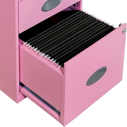 OSP Home Furnishings 3 Drawer Locking Metal File Cabinet with Top Shelf, Pink