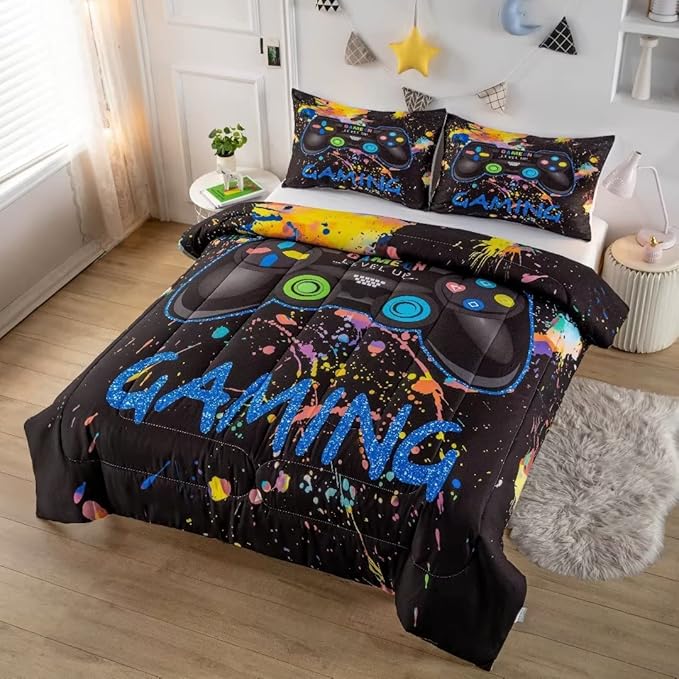 Gamer Comforter Sets for Teen Boys,Gaming Bedding Sets Twin,Video Game Bedspread,Game Gamepad Bed Set,Controller Bedding Gamer Home Decor 3 Piece 1 Comforter and 2 Pillowcases