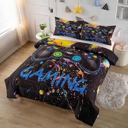 Gamer Comforter Sets for Teen Boys,Gaming Bedding Sets Twin,Video Game Bedspread,Game Gamepad Bed Set,Controller Bedding Gamer Home Decor 3 Piece 1 Comforter and 2 Pillowcases