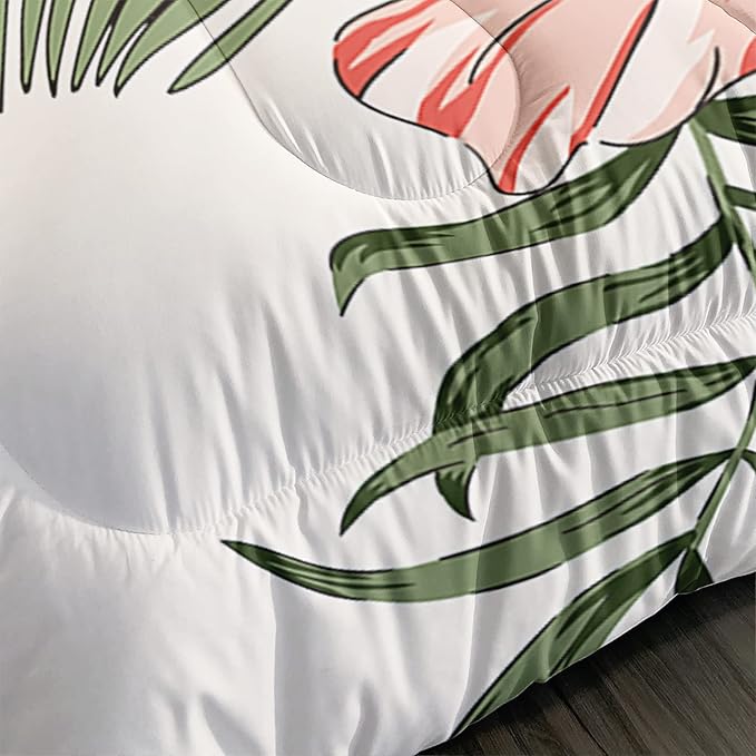 Flamingo Comforter Set Twin Size Tropical Flamingo Palm Tree Leaf Pattern Bedding Set Flower Quilted Duvet for Kids Girls Boys Adult with 1 Comforter and 2 Pillowcases