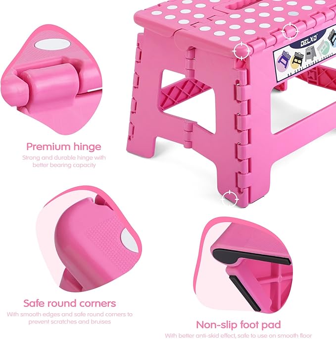 Delxo 9” Folding Step Stool in Pink,1 Pack Premium Heavy Duty Foldable Stool for Kids,Portable Collapsible Plastic Step Stool,Non Slip Folding Stools for Kitchen Bathroom Bedroom