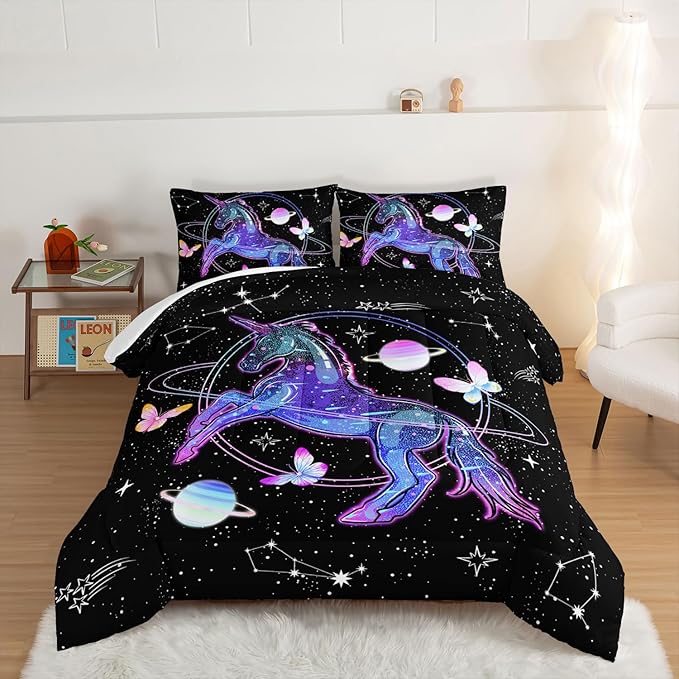 HOSIMA Unicorn Bedding Sets for Girls Kids,Butterfly Star Empty Galaxy Comforter,Unicorn Bedroom Decor for Girls Boys,Soft Black Comforter Full Size Bed in a Bag Set,Butterfly Crib Bedding Set.