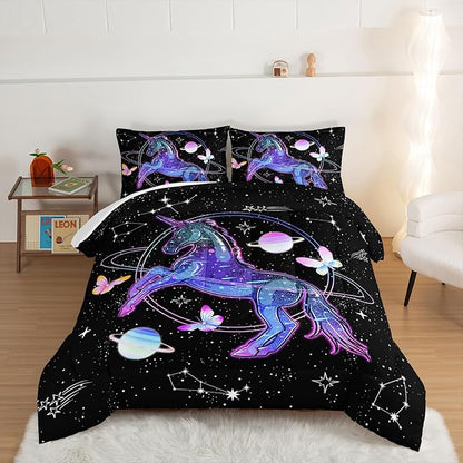 HOSIMA Unicorn Bedding Sets for Girls Kids,Butterfly Star Empty Galaxy Comforter,Unicorn Bedroom Decor for Girls Boys,Soft Black Comforter Full Size Bed in a Bag Set,Butterfly Crib Bedding Set.