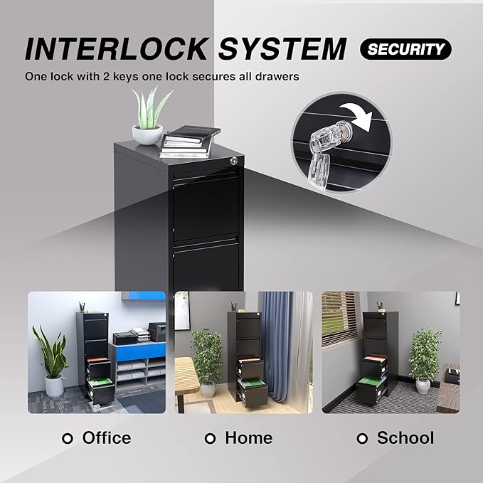 4 Drawer File Cabinet, Vertical Filing Cabinets with Lock, Metal File Cabinets for Home Office A4 Letter/Legal Size, Assembly Required