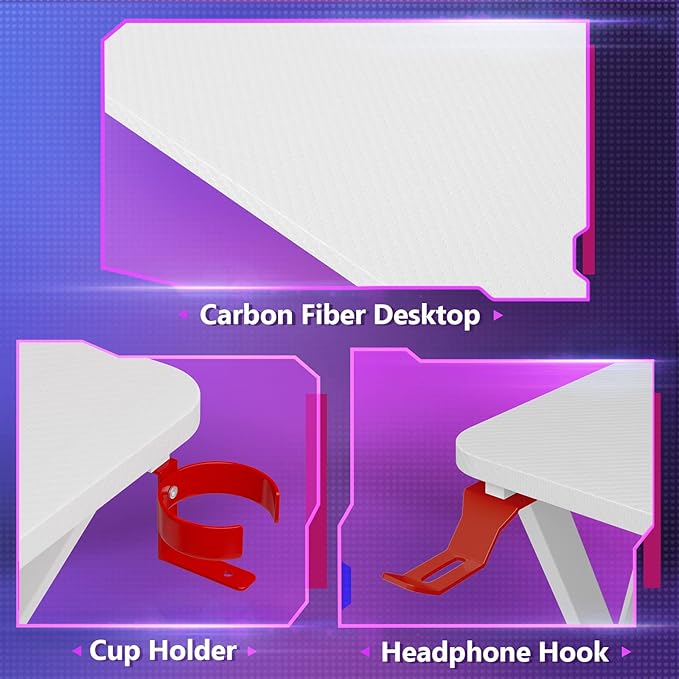MOTPK White Gaming Desk L Shaped, Gamer Desk Gaming Table with Carbon Fiber Surface, Corner Computer Desk L Shape with Cup Holder & Headphone Hook, 51 Inch