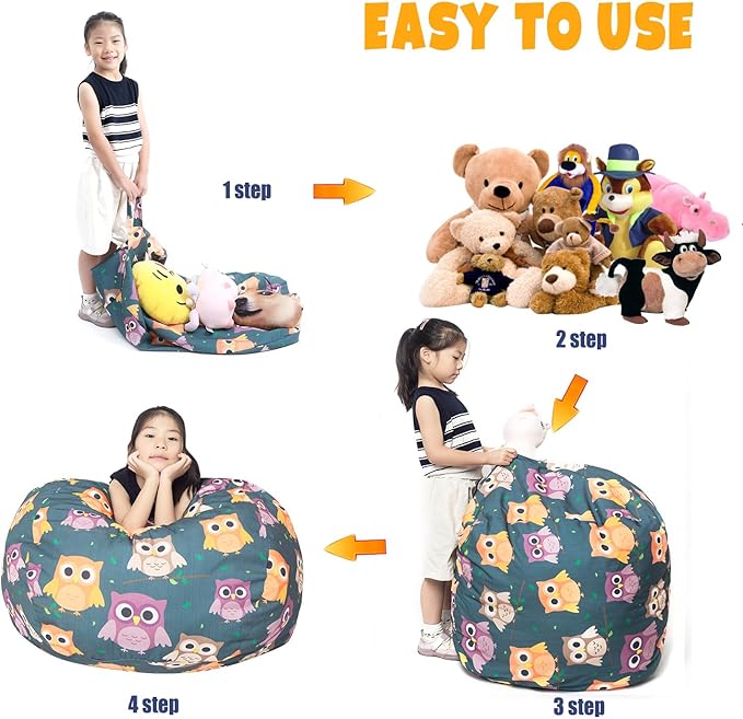 Stuffed Animal Storage Bean Bag Chair Cover, Hold Kids Plush Toys Blankets Towels Beanbag (Cover Only), Canvas Floor Circle Stuff Sit Seat Sofa with YKK Zipper, Extra Large 38", Owl