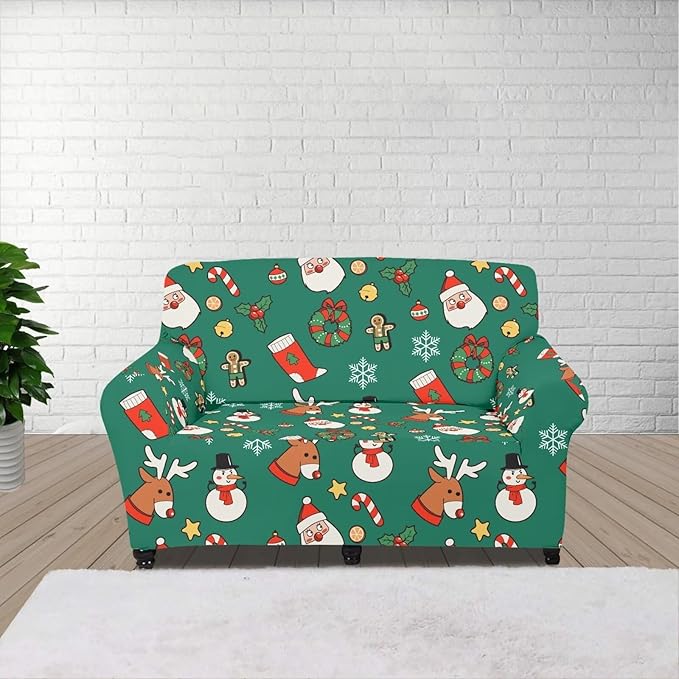 FKELYI Christmas Decorations Green Sofa Slipcover Santa Claus Stretch Sofa Couch Cover for Indoor Washable Furniture Protector with Elastic Bottom M