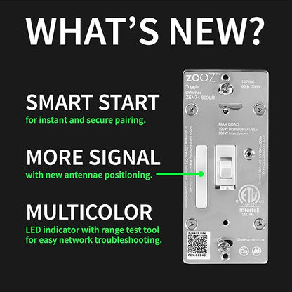 Zooz 800 Series Z-Wave Long Range Toggle Dimmer ZEN74, White | Direct 3-Way (No Add-On Switch Needed) | Z-Wave Hub Required