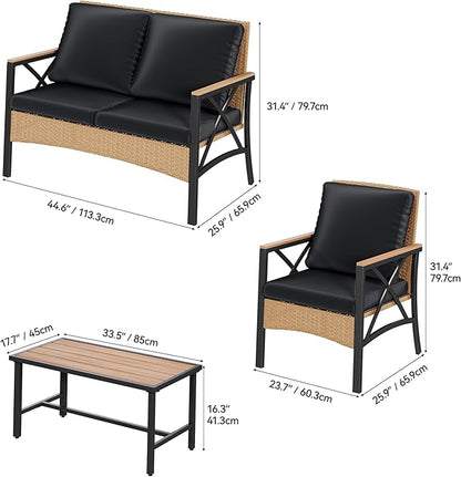 YITAHOME 4-Piece Patio Wicker Furniture Set with Wood Armrest, All Weather Rattan Conversation Furniture Sets for Backyard, Balcony, Deck w/Soft Cushions and Plastic Wood Table (Light Brown+Black)