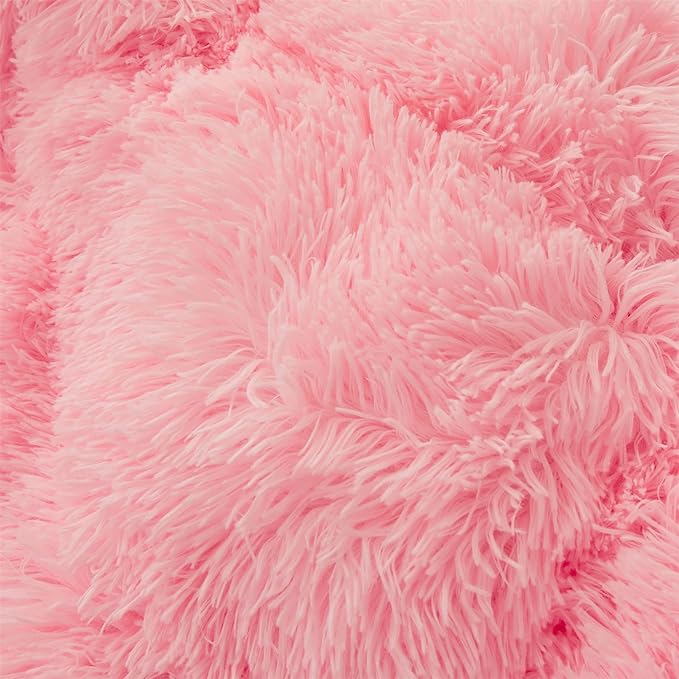 Fluffy Faux Fur Pink Comforter Cover Set Queen - Ultra Soft Plush Pink Bedding Sets 3 Pieces (1 fluffy duvet cover + 2 Faux Fur Pillow case) Cute Pink Bed Set (Light Pink, Queen)