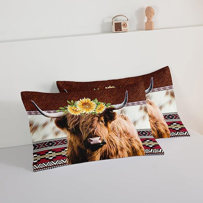 HOSIMA Highland Cow Decor Comforter with 2 Pillowcases,Animal Theme Western Bedding Sets,Brown Cowhide Black White Cow Print Comforter Set,Sunflower Twin Bed in a Bag Sets for Adults Kids.