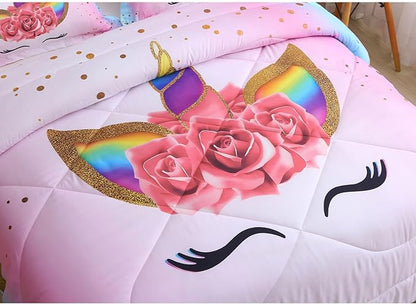 Kids Unicorn Bedding Set Twin Size for Girls, Pink Rainbow Girls Twin Comforter Set with 2 Pillowcases, Floral Kids Unicorn Bed Set Twin, Unicorn Room Decor for Girls Bedroom, All Season