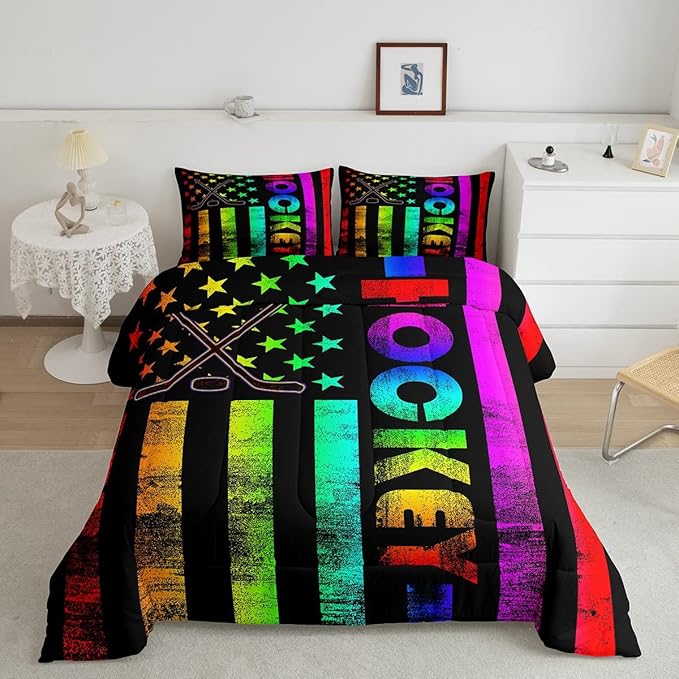 Erosebridal Boys Ice Hockey Bedding Set Twin Neon Rainbow American Flag Comforter Set for Kids Teen,Winter Sports Games Bed Comforter Set Retro Colorful Stripes Stars Quilt Duvet 1 Pillow Case Black