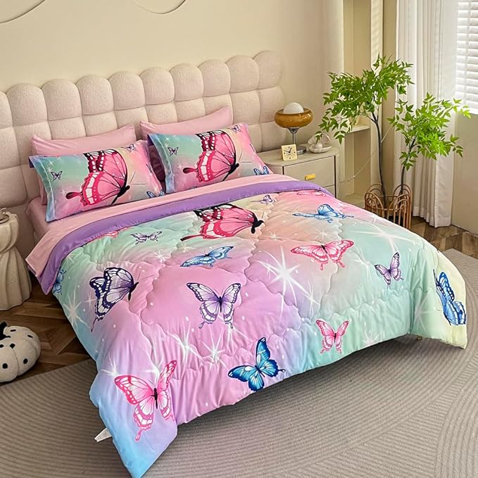 Girls Butterfly Comforter Set Bed in A Bag Twin Size 7 Piece 3D Purple Bedding Comforter Bed Set with Pillow Shams, Flat Sheet, Fitted Sheet, Pillowcases All Season