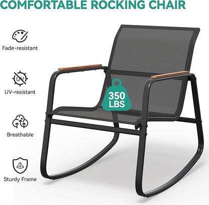YITAHOME 3 Piece Rocking Bistro Set, Outdoor Patio Furniture Set with Wooden Armrests, Porch Chairs Set with Glass Table for Lawn, Garden, Balcony, Poolside, Dark Gray