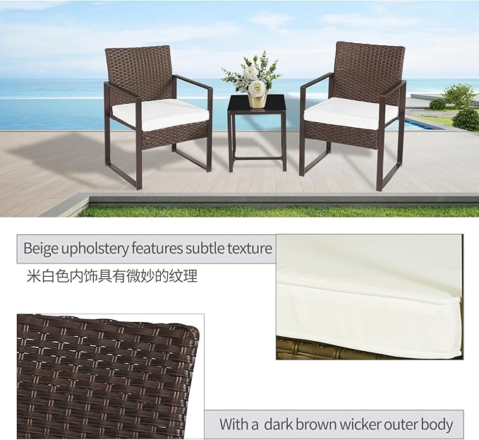 3 Pieces Patio Furniture Set Outdoor Wicker Bistro set Rattan Chair Conversation Sets with Coffee Table for Porch, Balcony,Garden,Backyard and Removable Cushions Beige