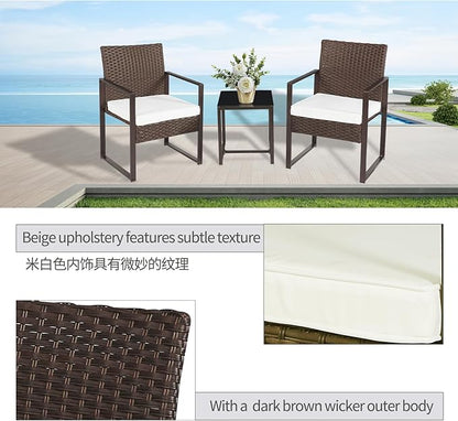 3 Pieces Patio Furniture Set Outdoor Wicker Bistro set Rattan Chair Conversation Sets with Coffee Table for Porch, Balcony,Garden,Backyard and Removable Cushions Beige