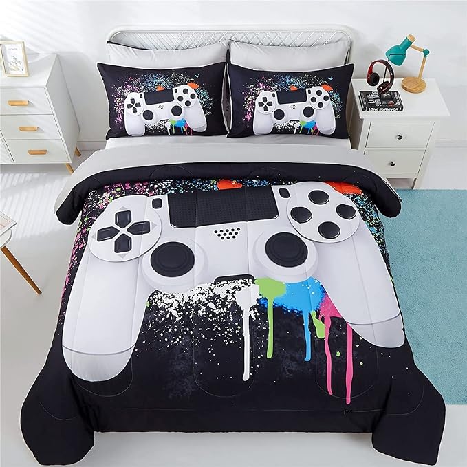 KAKKI 5 Piece Boys Full Gamer Comforter Set with Sheets, 3D Colorful Video Game Controller Comforter for Kids Teen, All Season Soft Microfiber Gaming Bedding Set(White,Full)