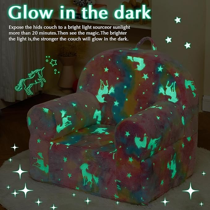 Toddler Chair Kids Plush Chair Sherpa Kids Chairs, Toddler Couch Bean Bag Chairs for Kids Gaming Chair for Kids Glow in The Dark, Rainbow Pink