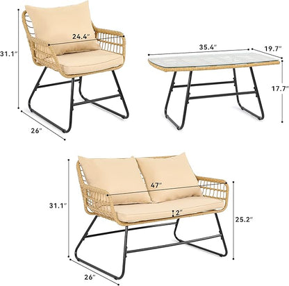 YITAHOME 4-Piece Patio Furniture Wicker Outdoor Bistro Set, All-Weather Rattan Conversation Loveseat Chairs for Backyard, Balcony and Deck with Soft Cushions and Metal Table (Light Brown+Beige)