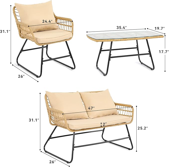 YITAHOME Patio Furniture Wicker Outdoor Bistro Set, 4-Piece All Weather Patio Furniture Rattan Conversation Loveseat Sets for Backyard, Balcony and Deck, Light Brown+Beige