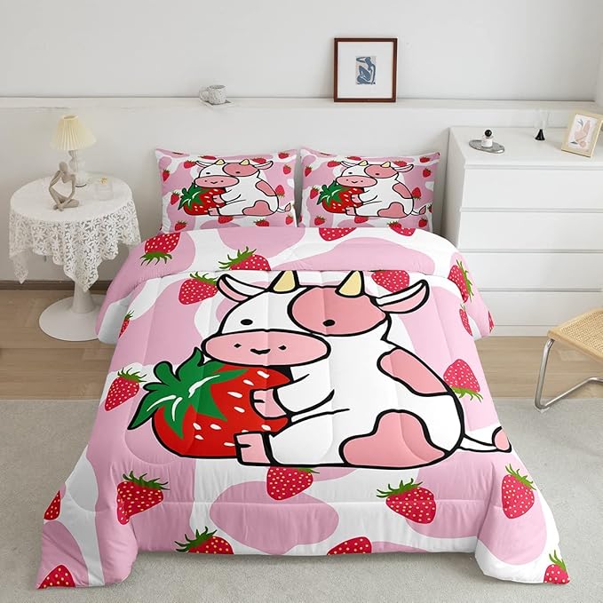 Feelyou Milk Cow Comforter Pink White Cow Strawberry Pattern Comforter Set Bedding Set for Kids Adults Kawaii Girls Milk Cow Print Duvet Set Ultra Soft Room Decor Full Size Quilt Set