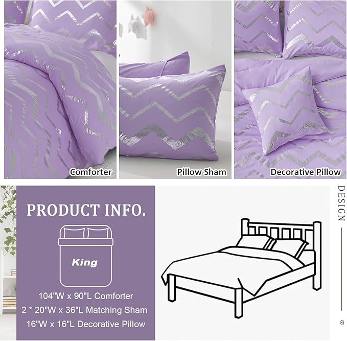 Purple/Silver Comforter Set King, Lavender Metallic Print Glitter Bedding Set Cute Shinny Lilac Bed Sets for Teen Girls Kids Women, 4 Piece (2 Pillowcases, 1 Decorative Pillow Sham)