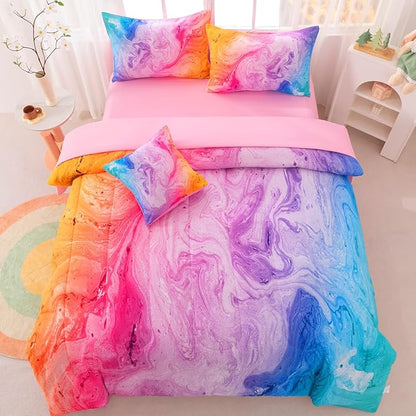 Girls Full Bedding Sets, 6 Pcs Pink Full Szie Comforter Set with Sheets, Watercolor Marble Abstract Art Superior Bedding Set for Girls Kids