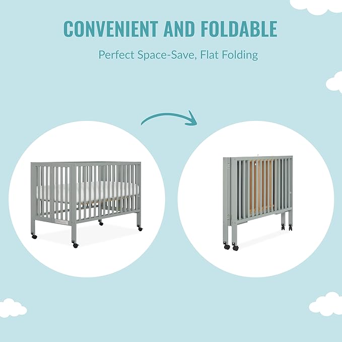 Quinn Full-Size Folding Crib in Cool Grey, Removeable Wheels, Modern Nursey, Adjustable Mattress Support, Portable Crib, Patented Folding System