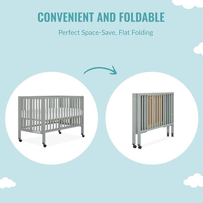 Quinn Full-Size Folding Crib in Cool Grey, Removeable Wheels, Modern Nursey, Adjustable Mattress Support, Portable Crib, Patented Folding System