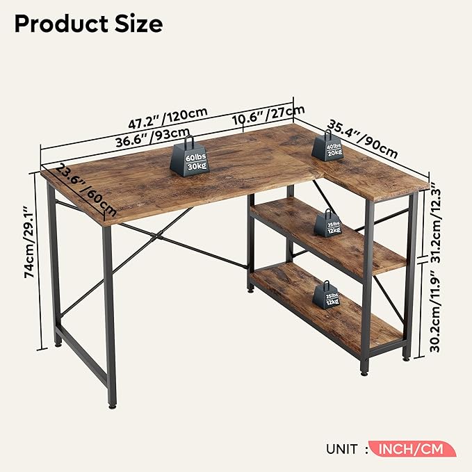 Bestier Small L Shaped Desk with Shelves 47 Inch Reversible Corner Computer Desk Writing Gaming Storage Table for Home Office Small Space, Rustic Brown