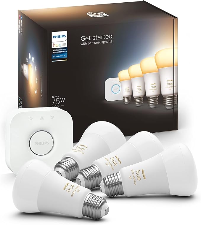 Philips Hue Smart Light Starter Kit - Includes (1) Bridge and (4) 75W A19 E26 LED Smart White Ambiance Bulbs - Control with App - Compatible with Alexa, Google Assistant, and Apple HomeKit
