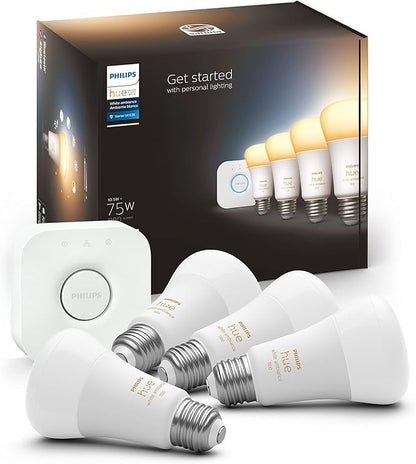 Philips Hue Smart Light Starter Kit - Includes (1) Bridge and (4) 75W A19 E26 LED Smart White Ambiance Bulbs - Control with App - Compatible with Alexa, Google Assistant, and Apple HomeKit