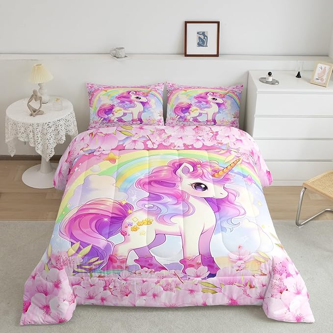 Cartoon Unicorn Kids Comforter Set Full Size,Sakura Cherry Blossom Japanese Bedding Set,Girls Women Room Decor,Rainbow Unicorn Cute Down Comforter,Pink Purple Romantic Duvet Insert,2 Pillowcases