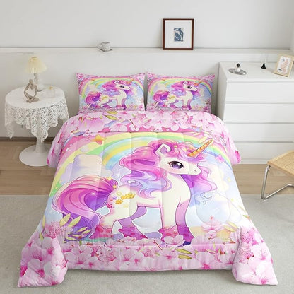 Cartoon Unicorn Kids Comforter Set Twin Size,Sakura Cherry Blossom Japanese Bedding Set,Girls Women Room Decor,Rainbow Unicorn Cute Down Comforter,Pink Purple Romantic Duvet Insert,1 Pillowcase