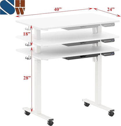 SHW Small Electric Height Adjustable Mobile Sit Stand Desk with Drawer, Hanging Hooks and Cable Management, 40 x 24 Inches, White