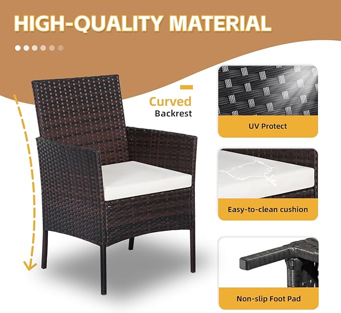 Patio Set 3 Piece Outdoor Rattan Porch Furniture with Tempered Glass Side Table & Cushion All Weather Conversation Bistro Set for Balcony,Deck,Porch (Brown/Beige)