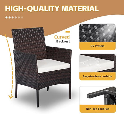 Patio Set 3 Piece Outdoor Rattan Porch Furniture with Tempered Glass Side Table & Cushion All Weather Conversation Bistro Set for Balcony,Deck,Porch (Brown/Beige)