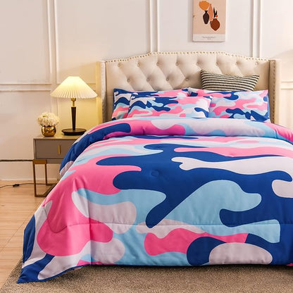 Meeting Story Camouflage Bedding Set, Colorful Pattern Style Queen Camouflage Comforter Set, 3 PCS 1 Comforter and 2 Pillowcases in 1 Bag, All Season Bedspread for Kids Teens Adults (Blue, Queen)