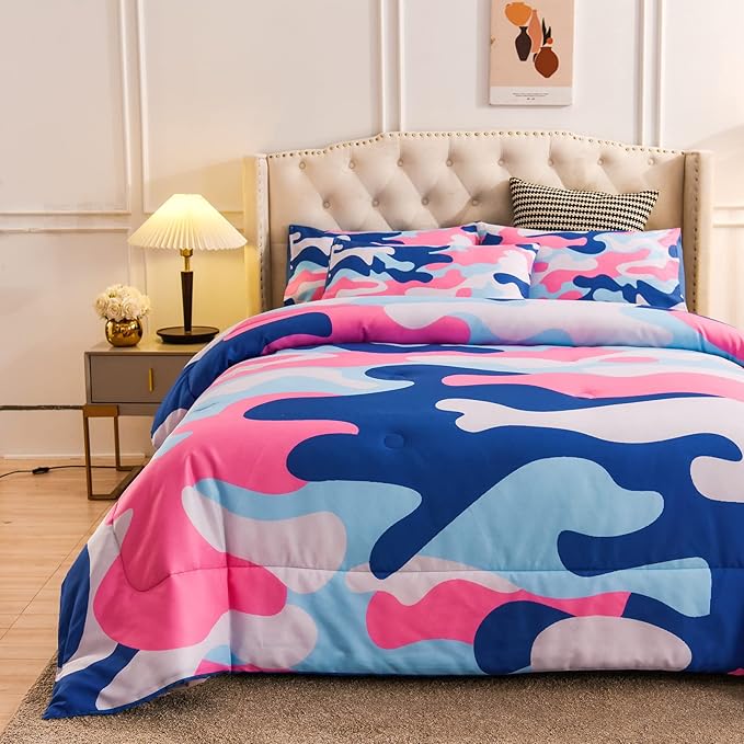 Meeting Story Camouflage Bedding Set, Colorful Pattern Style Twin Camouflage Comforter Set, 3 PCS 1 Comforter and 2 Pillowcases in One Bag, All Season Bedspread for Kids Teens Adults (Blue, Twin)
