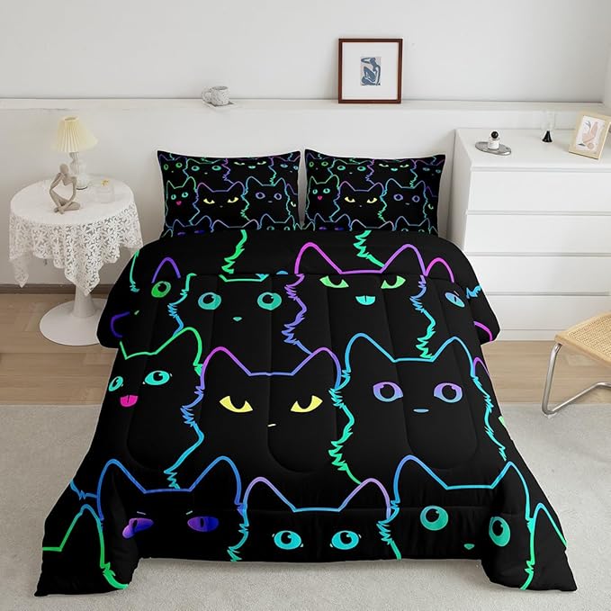 Erosebridal Girls Bedding Cartoon Cat Comforter Set Queen Size,Gradient Line Cute Cat Bedding Set for Kids Teens Boys Young Man Room Decor,Lovely Animal Kitten Print Comforter All Season,Rainbow Black