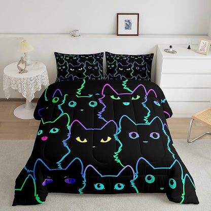 Erosebridal Girls Bedding Cartoon Cat Comforter Set Queen Size,Gradient Line Cute Cat Bedding Set for Kids Teens Boys Young Man Room Decor,Lovely Animal Kitten Print Comforter All Season,Rainbow Black