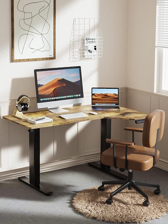 Electric Standing Desk, Height Adjustable Sit Stand up Desk, L-Shaped Memory Home Office Desk With Hook, 55 x 34 inch, Rustic