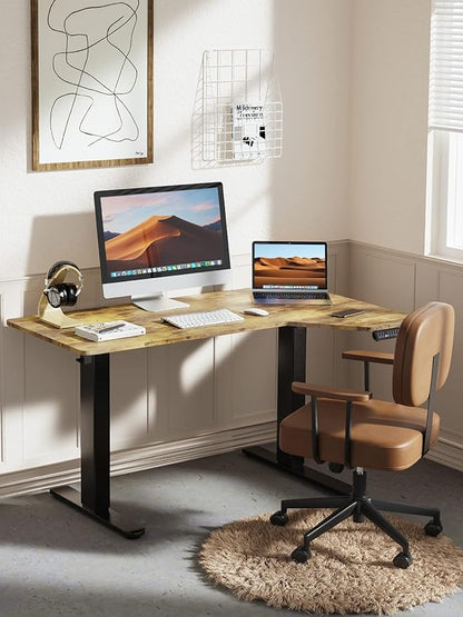 Electric Standing Desk, Height Adjustable Sit Stand up Desk, L-Shaped Memory Home Office Desk With Hook, 55 x 34 inch, Rustic