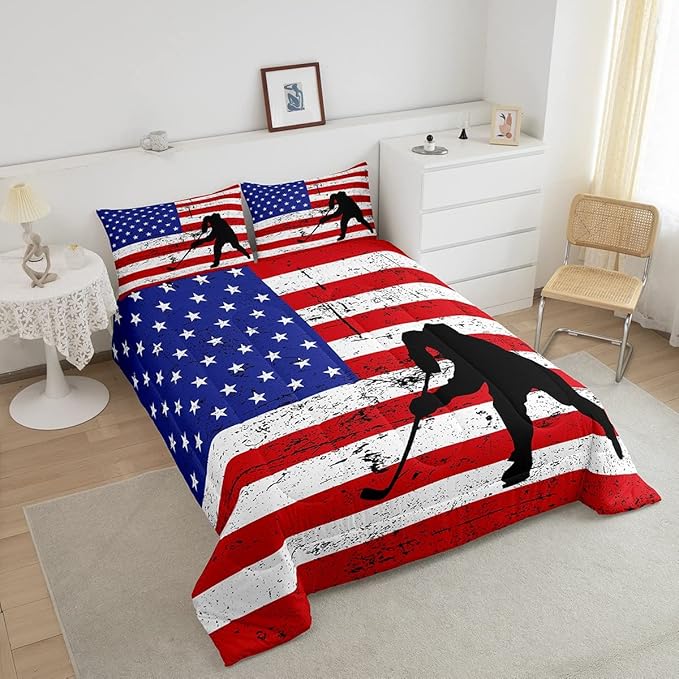 Erosebridal American Flag Comforter Set Full, Hockey Bedding Set United States Sports Games Down Comforter for Kids Boys Teens Bedroom, Red White Geometric Stripes Duvet Sets with 2 Pillowcases