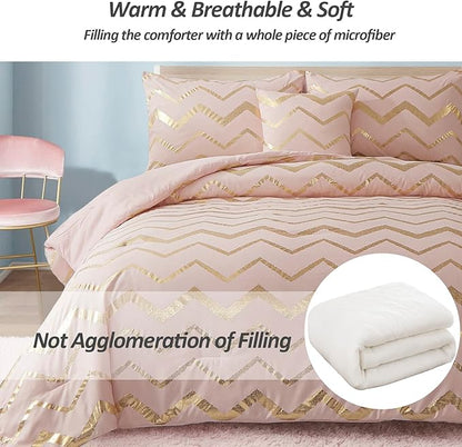 Pink Comforter Set Twin Size, Metallic Blush and Rose Gold Bedding Set, 3 Piece Lightweight Microfiber Comforter for Teen Girls Women (1 Pillow Sham + 1 Decorative Pillow Sham)
