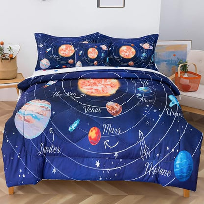 ADASMILE A & S Solar System Comforter Set Twin Outer Space Comforter for Kids 6 Pcs Bed in A Bag Twin Comforter Set for Boys Space Bed Set Galaxy Comforter with Star Moon Sheets for Kids Home Decor