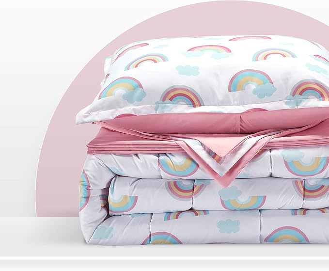 SLEEP ZONE Kids Bedding Comforter Set Full/Queen Size - Super Cute & Soft Kids Bedding 7 Pieces Set with Comforter, Sheet, Pillowcase & Sham (Pink Rainbow)