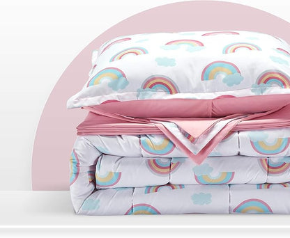 SLEEP ZONE Kids Bedding Comforter Set Full/Queen Size - Super Cute & Soft Kids Bedding 7 Pieces Set with Comforter, Sheet, Pillowcase & Sham (Pink Rainbow)