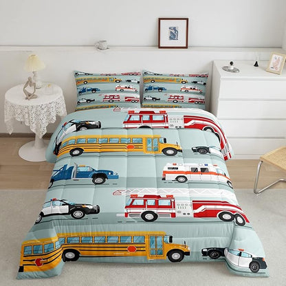 Erosebridal Fire Truck Comforter Set,Police Car Down Comforter Twin Size,School Bus Bedding Set for Kids Boys Teens Youth,Equipped Truck Cartoon Vehicle Quilt Duvet Insert Bedroom Dorm Decor 2 Pcs